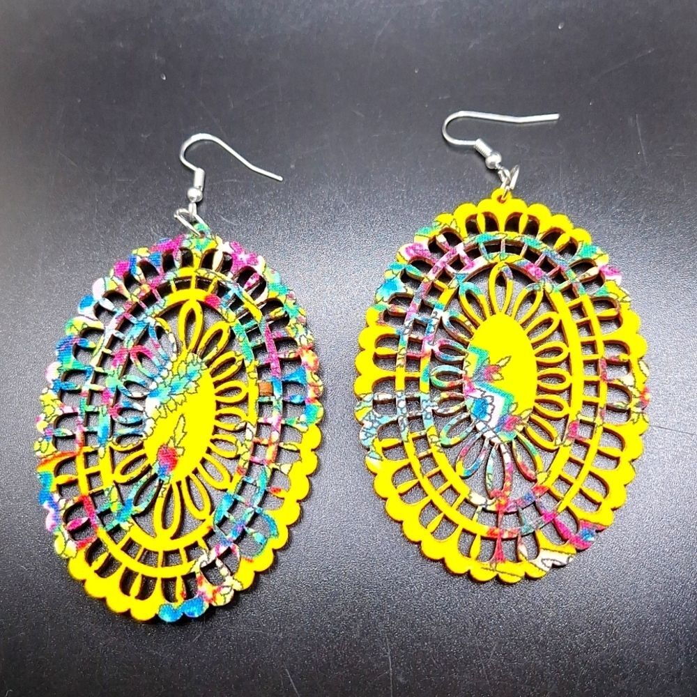 Yellow mandala earrings wood carved hollowed out oval shape fabric earrings
